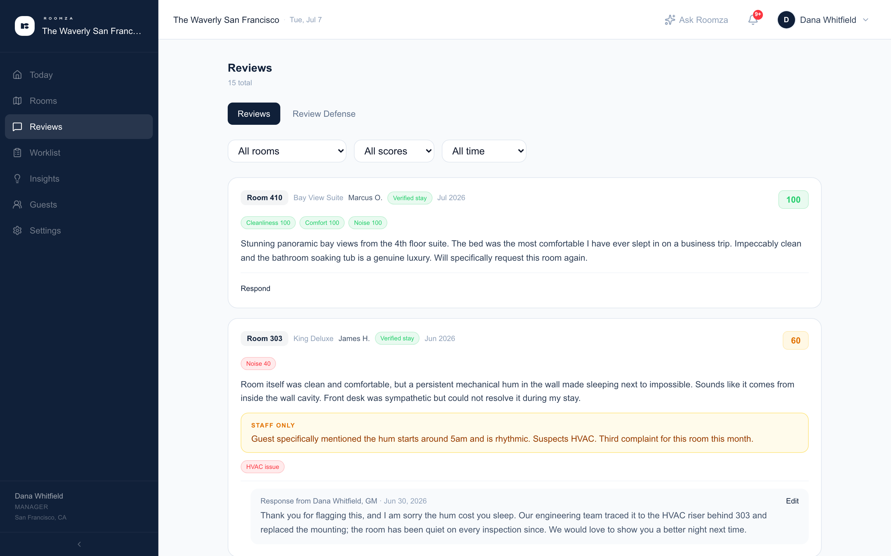 Roomza Reviews: verified room-level reviews with staff-only feedback and a published management response drafted with AI.